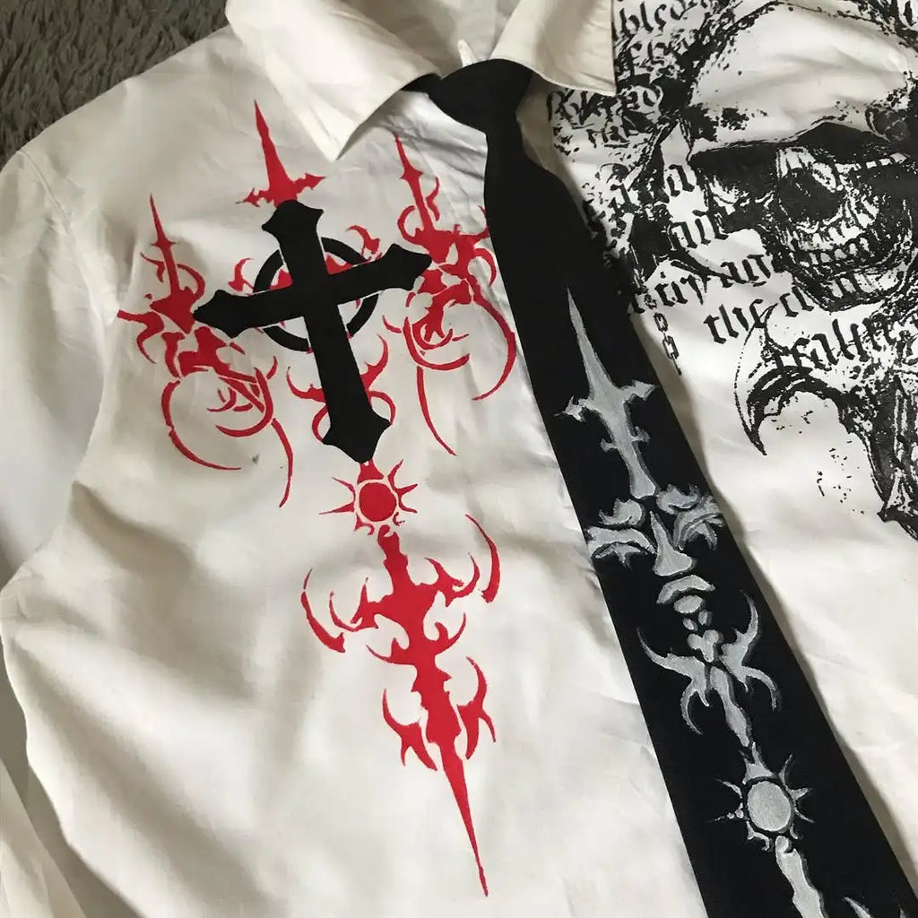 Y2K New Skull Holy Writ Letter Printed White Shirt Street Retro Harajuku Long Sleeves Men Hip Hop Gothic Fashion Trend Loose Top