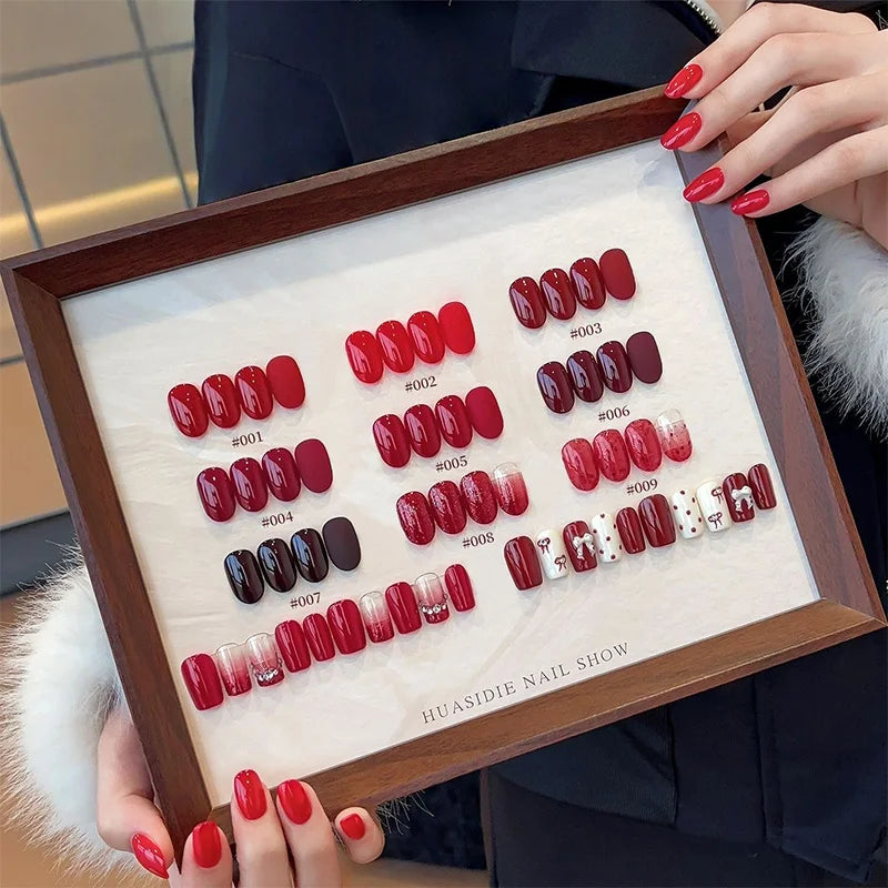 9-Color Wine Red Sticky Solid Nail Polish Set - New Trends: Tomato Red, Cherry Red, Solid Nine-Square Grid Nail Polish