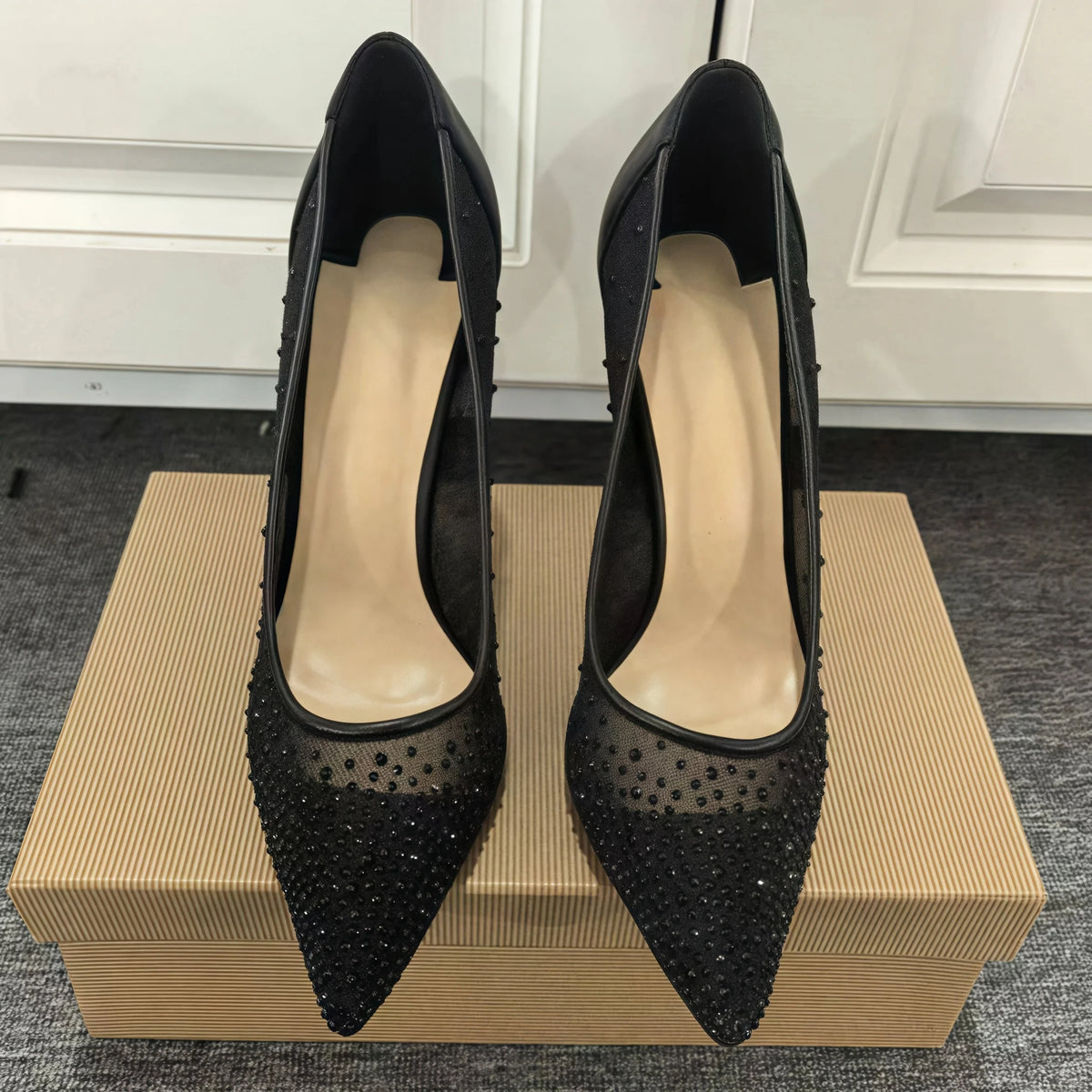 Round Dots Black Mesh Lace Women’s Pumps Pointed Toe Red Sole Single Shoes Female 8 10 12cm High Heels 35-42 size Zapatos Para