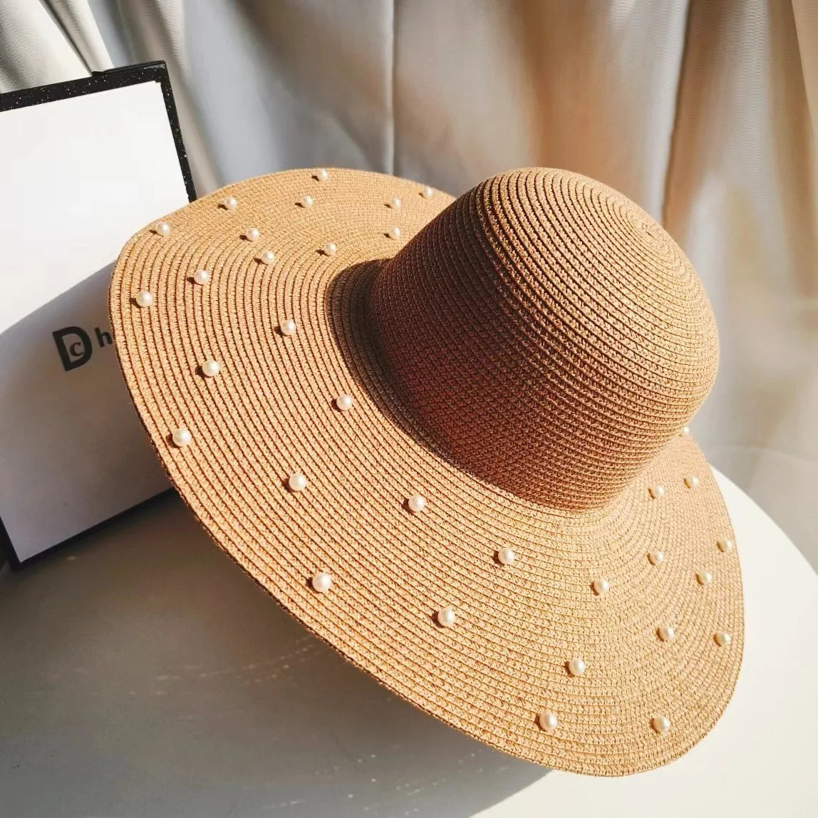 Hand made Pearl Straw Hat For Women's Summer Wide side Jazz Dress Cap Holiday Sun Protection Beach Hats