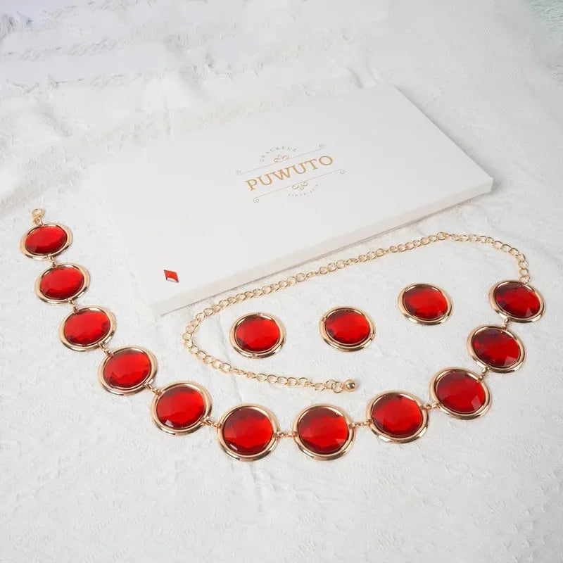 Red Gem Waist Belt Cosplay Stone Chain Western Belt Adjustable Halloween Rhinestone Belt Costume Accessories for Props