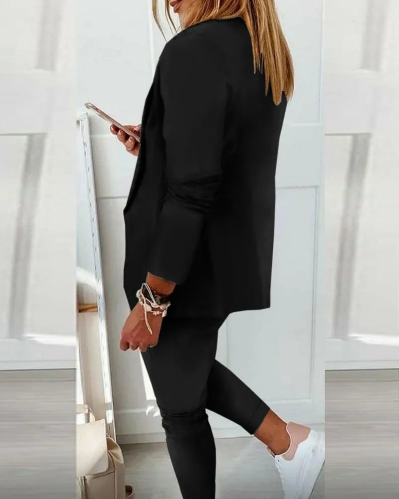 Traje de oficina formal de dos piezas para mujer 2026, conjunto de blazer y pantalón ajustado con bolsillo, solapa, conjuntos de oficina para mujer, chándal de 2 piezas