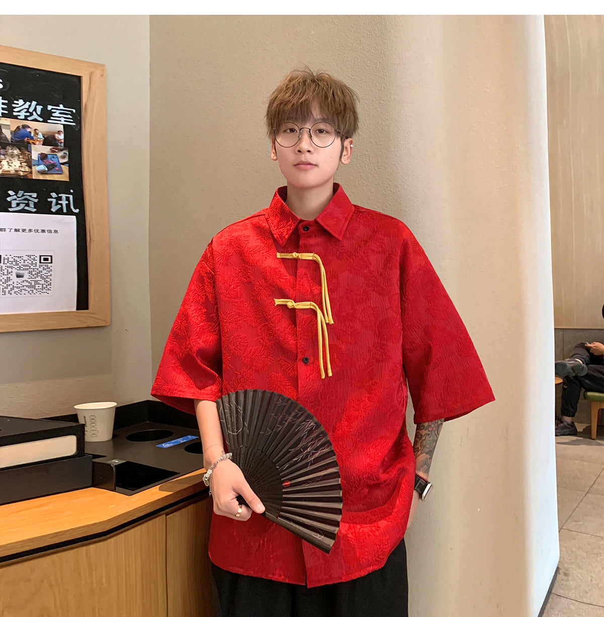 2024 Men Chinese Style Shirt Mens Tang Dress Hanfu Half-Sleeve Shirt Male Printing Kung Fu Outfit Loose Casual Tops