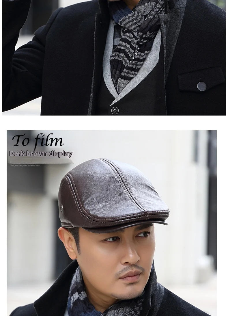 2025 Genuine Leather Beret Hat for Men Warm Windproof Winter Cap Fashion Gentleman Peaked Cap Vintage Stylish Driver Hat Gift