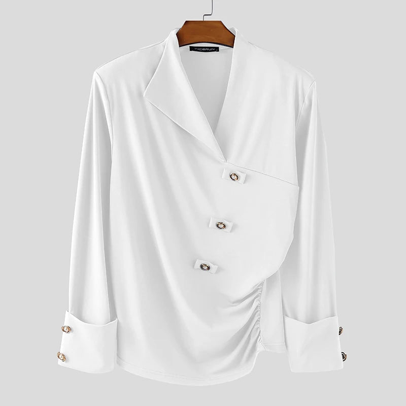 INCERUN Men Irregular Shirt V Neck Long Sleeve Solid Color Men Clothing Loose Pleated Streetwear 2025 Casual Irregular Shirts
