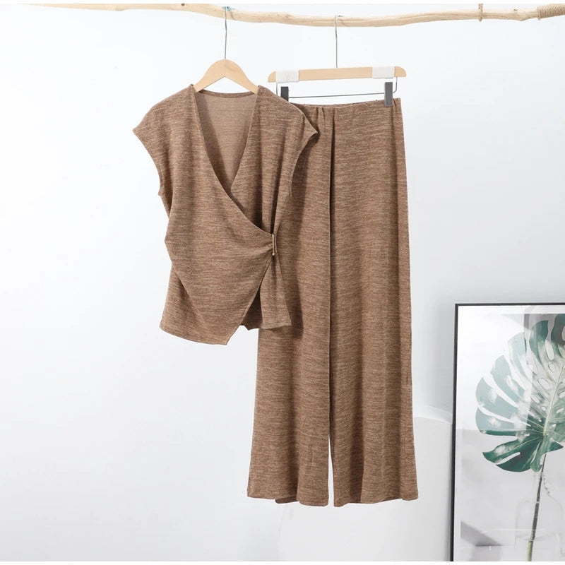 Pin Double Breasted V-neck Top Pants Women's Set Sleeveless Top Wide Leg Mid Waist Trousers Spring Summer Commuting Office Suit