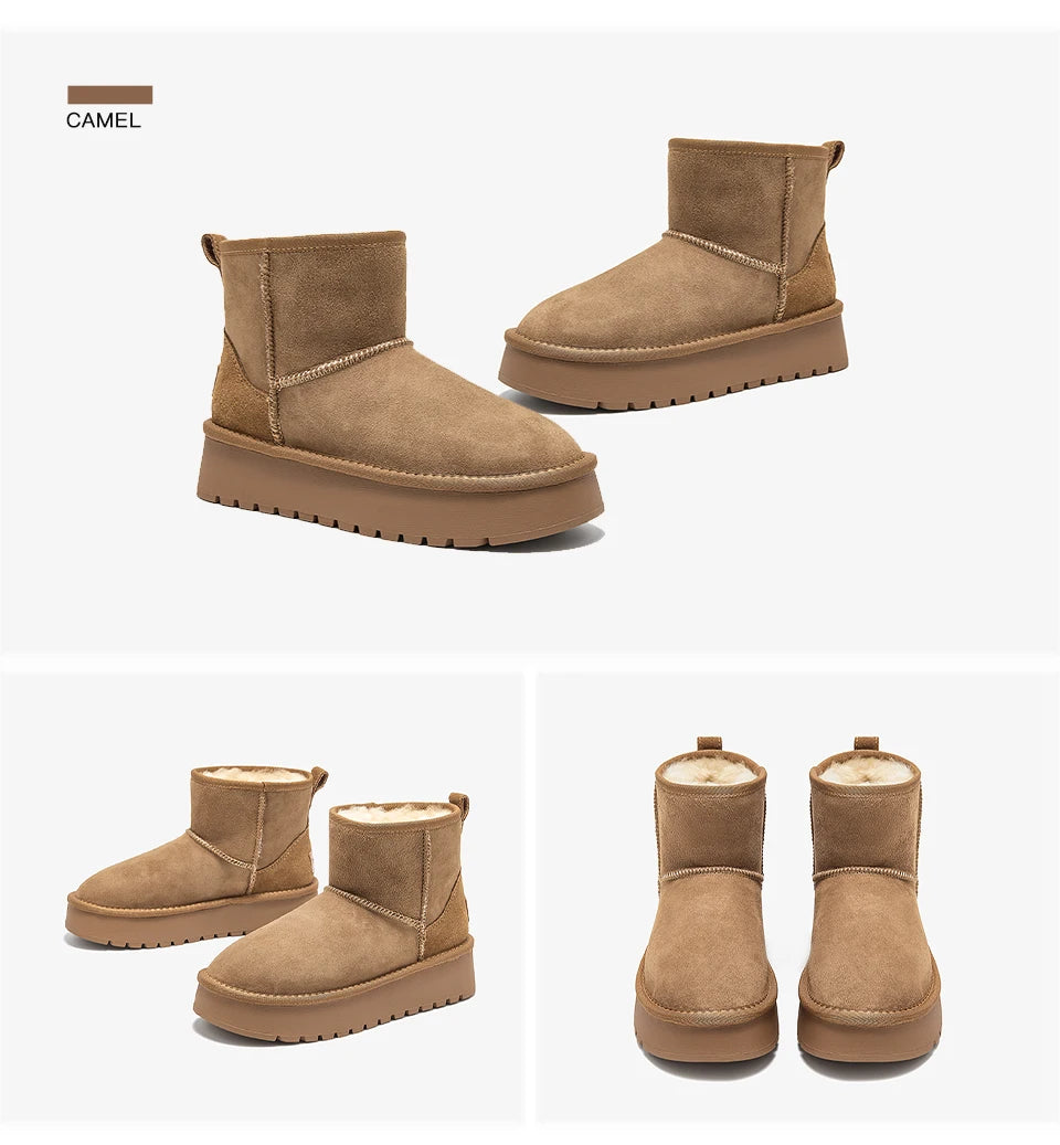 BEAUTODAY Platform Snow Boots Women Suede Sewing Ultra Mini Warm Plush Outdoor Ankle Boots Winter Ladies Handmade 08069