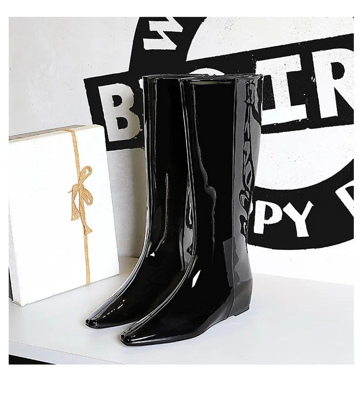 BIGTREE New Black Wedge Heels Women Modern Boots Female Shoes 2025 Fashion Luxury Pointed Toe Ladies Long Knee Western Boots