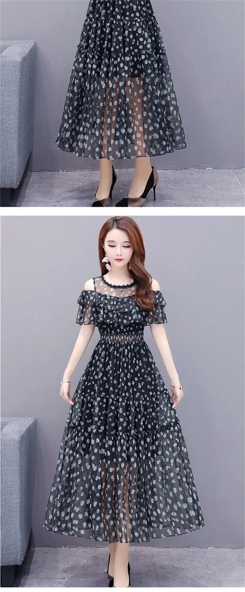 Mesh Chiffon Floral Print Dress Women 2024 New Summer Bohemian Beach Dress Long Off Shoulder Sexy Lady Party Dresses Vestidos