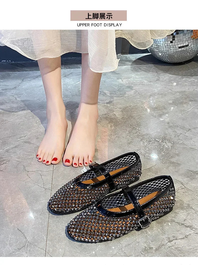 Luxury Crystal Rhinestone Fishnet Ballet Flats Woman Brand Design Rivet Mesh Mary Jane Shoes Ladies Summer Loafers Plus Size 42