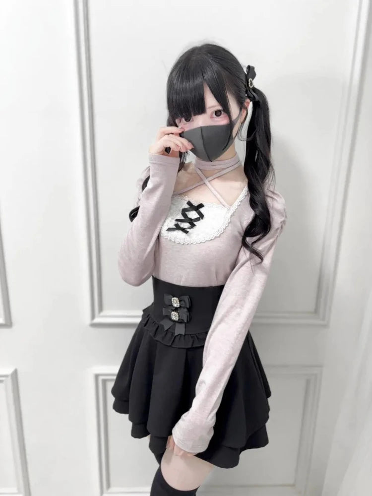 Herbst Lolita Pullover Frauen T-Shirts Subkultur Vintage Fake Two Tops Süße Kawaii Schleife Slim Fit Elegante Tees Damenbekleidung