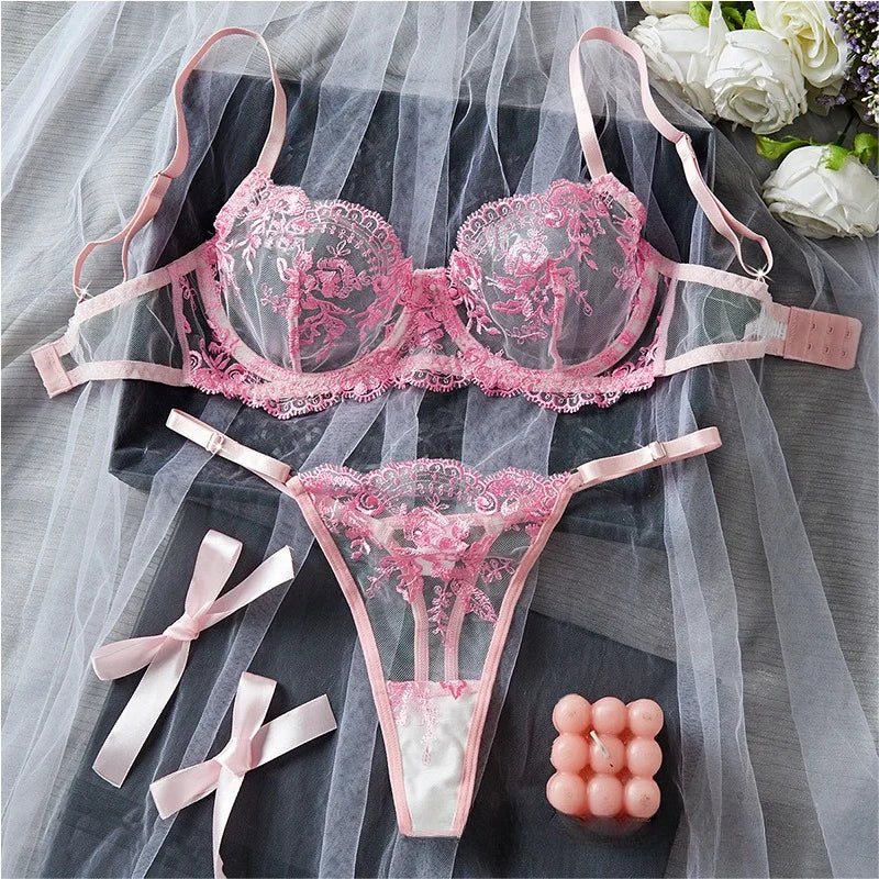 Sexy Lace Floral Bra Set Women Ultra Thin 2 Piece French Bralette Panty Set Transparent Embroidery Lingerie See Through