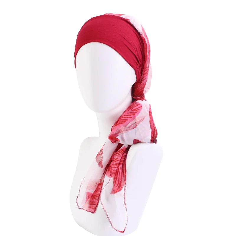 New Muslim Women Hijab Head Wrap Pre-Tied Headwear Cancer Chemo Flower Printed Elastic Turban Cover Hair Loss Head Scarf Bandana