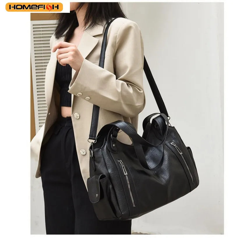 HOMEFISH Soft Interior Compartment Shoulder Bags High Quality Contrasting Colors Bags for Women Fashion Zipper Pu Handbags