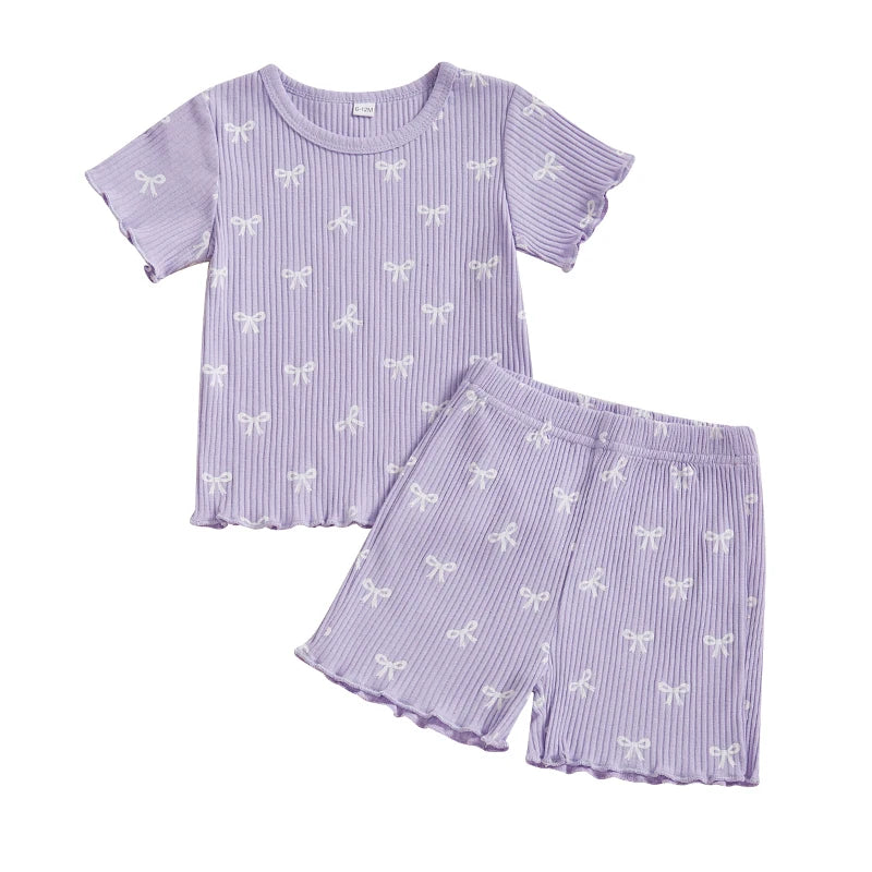 2024-12-09 Lioraitiin Toddler Baby Girl Bow Ribbed Outfit Lettuce Trim Short Sleeve Tops Elastic Waist Shorts Summer Set