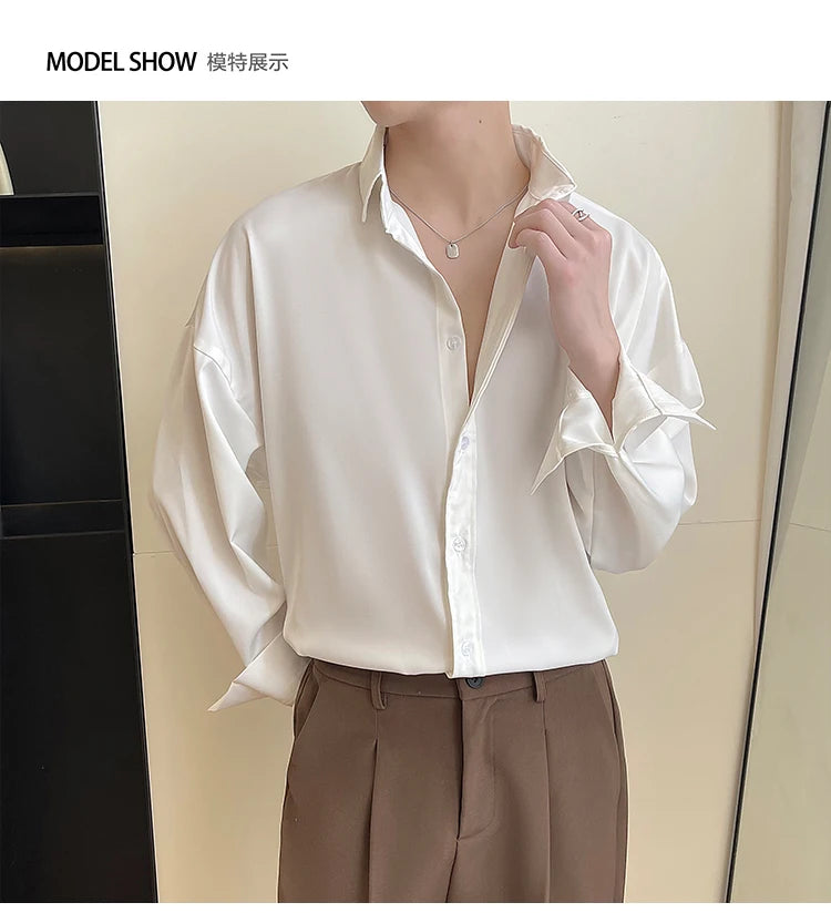 White Long Sleeved Shirt Men Oversized Fashion Social Mens Dress Shirt Korean Loose Ice Silk Shirt Mens Office Formal Shirts