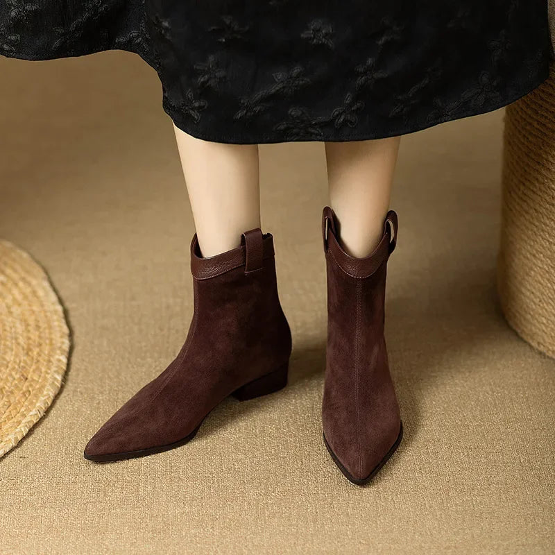 Women's Vintage Chunky Heel Ankle Boots Autumn Winter New Pointy Square Head Suede Back Zipper Soft Sole Non-slip Short Boots