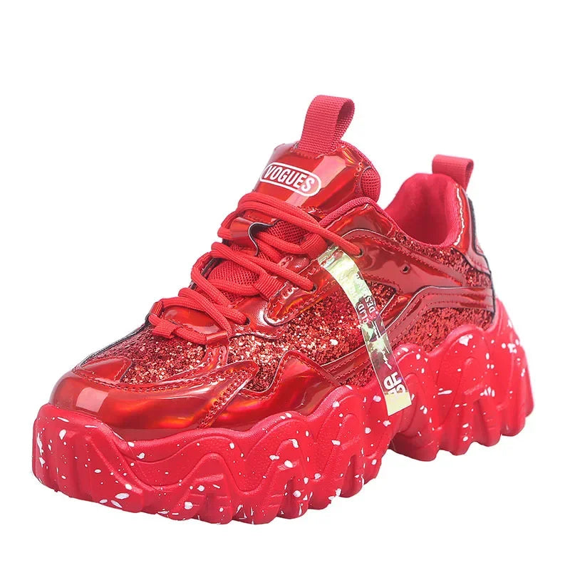 Comemore Women New Bling Platform Sneakers for Girls Casual Chunky Sneaker 6cm Thick Bottom Sports Shoes Platform Red Silver 40