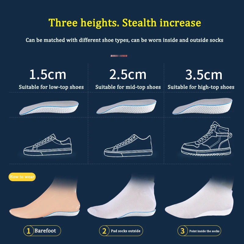 Height Increase Insoles for Men Women Shoes Flat Feet Arch Support Orthopedic Insoles Sneakers Memory Foam Invisible Pads 1 Pair