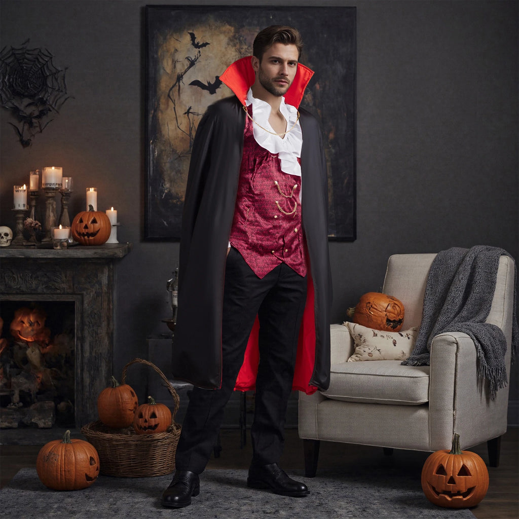Men Vampire Costumes Long Sleeve Shirts with Attached Vests and Cloak Set for Halloween Cosplay Party Outfits