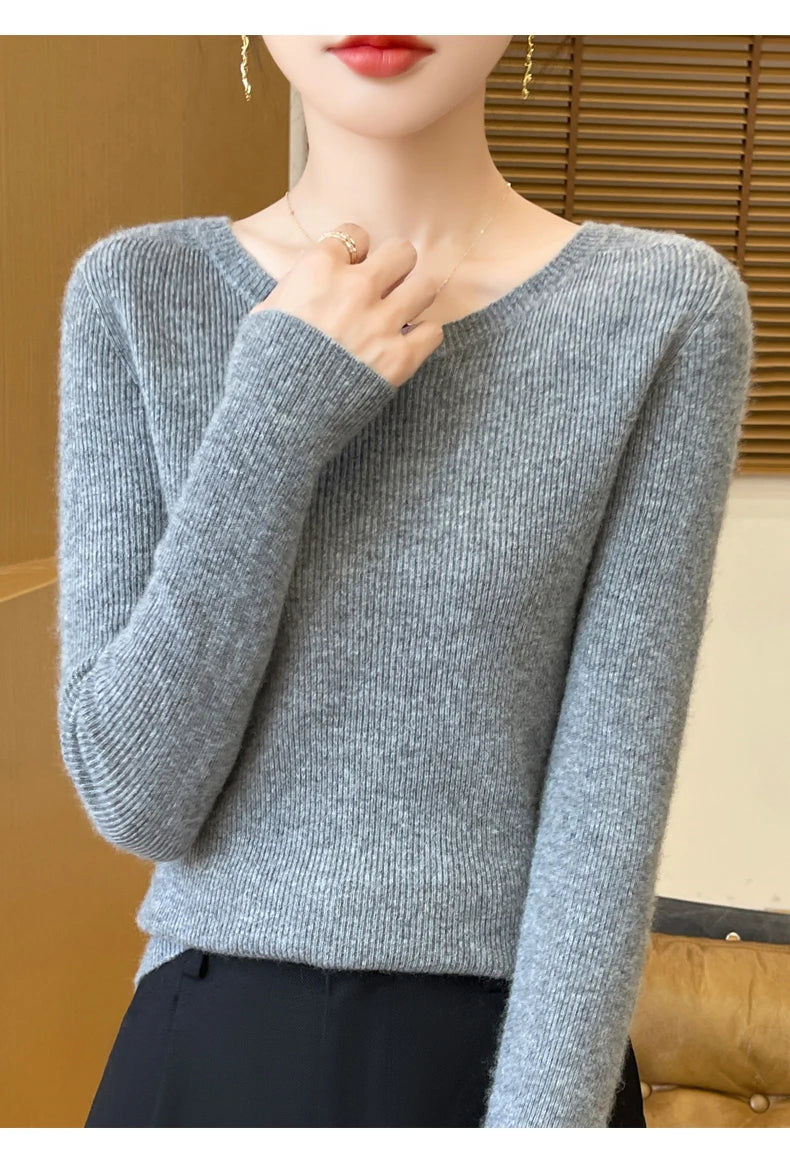 Early Fall New Crew-Neck Sweater Elegant High Elastic Simple Solid Color Thin Knit Crew-Neck Sweater Long Sleeve-GH458