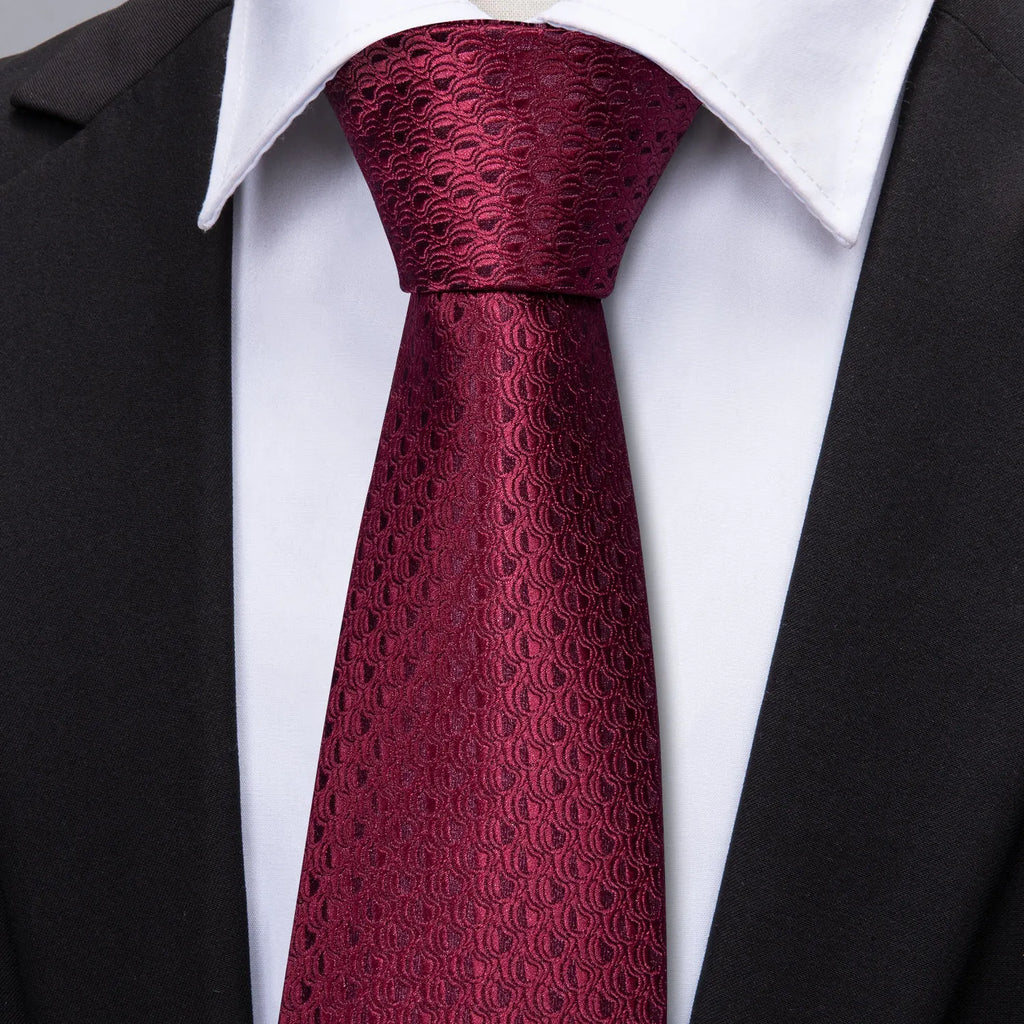 Burgundy Mens Tie Hanky Cufflinks Brooch Set Jacquard Red Wine Maroon Necktie Collar Pin For Male Wedding Events