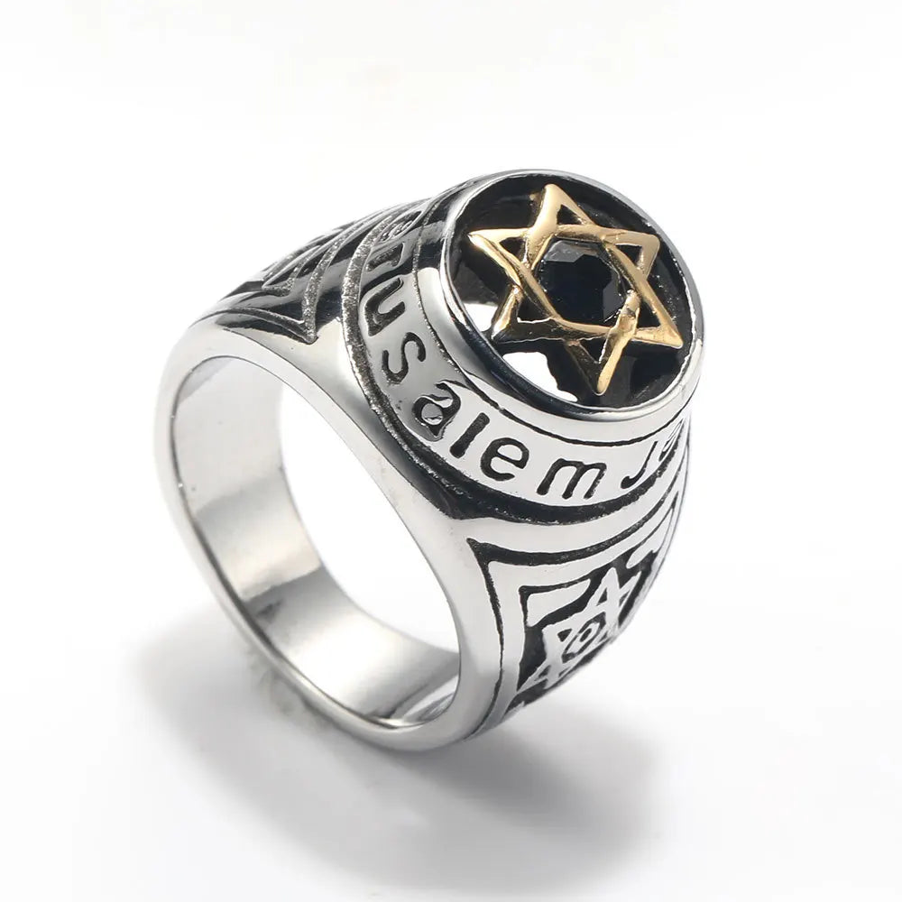New Trendy Ouroboros Hexagram Rings Black Fashion Men's Rings with rhinestone Religious Accessories Hip Hop Punk Jewelry Party