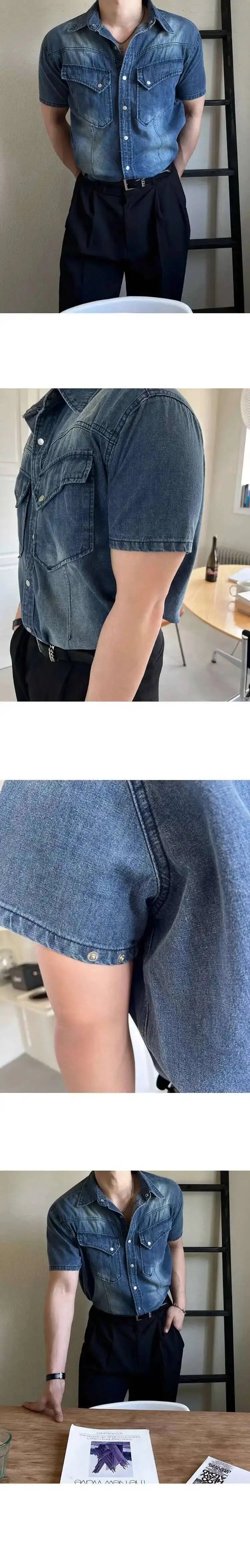 IEFB Niche Design Men's Denim Shirts Turn-down Collar Single Breasted Washing Solid Color Short Sleeved Loose Male Tops 9W2513