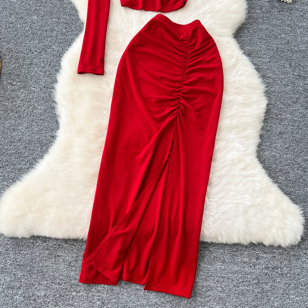 Chic Two-piece Sets One Shoulder Long Sleeve Diagonal Collar Blouse Basics High Waist Split Skirt High Street Vintage Clothing