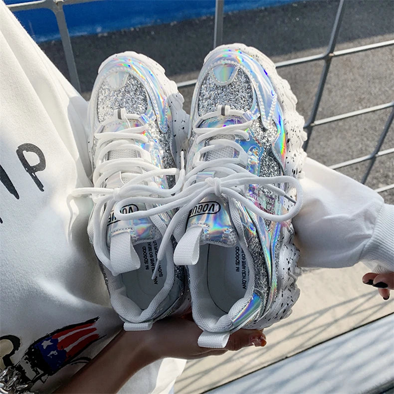 Comemore Women New Bling Platform Sneakers for Girls Casual Chunky Sneaker 6cm Thick Bottom Sports Shoes Platform Red Silver 40