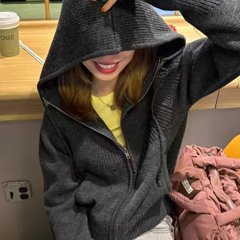 High-end double zipper hooded 100% cashmere knitted cardigan women's sweater loose hooded sweater for autumn winter wool coat
