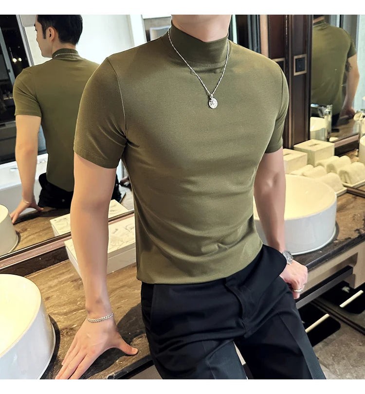 Spring Summer Men's Half High Neck Short Sleeve T-shirt Korean Slim Fit Solid Color Bottom Shirt Casual Cotton Elastic T-shirts