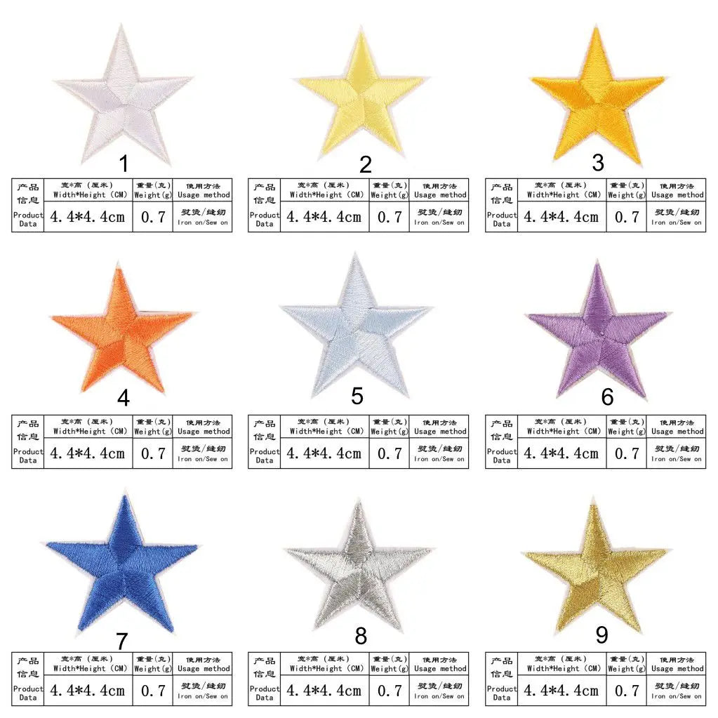 10pcs Star Embroidery Iron on Patches for Clothing, DIY Clothes, Pentagram Appliques, Black White Gold Sticker Stripes 4.4x4.4cm
