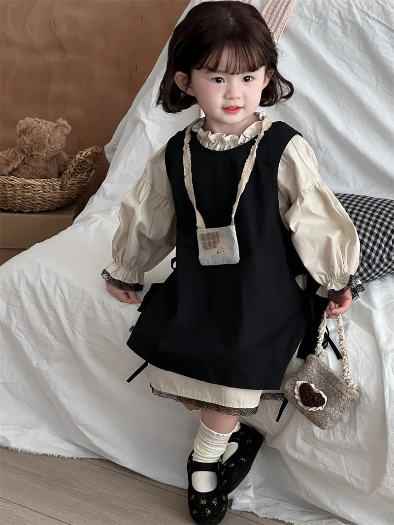 4768 Children Dress Set Spring Autumn New Retro Girl's Dress Lace Skirt 2-piece Set