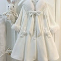 Harajuku Sweet Cute Lolita Coat Women Long Sleeve Mid-length Loose Tops Mujer Furry Lapel Neck Lace Bow White Jackets