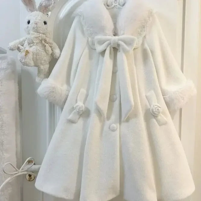 Harajuku Sweet Cute Lolita Coat Women Long Sleeve Mid-length Loose Tops Mujer Furry Lapel Neck Lace Bow White Jackets