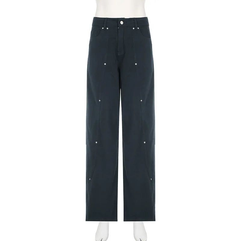 BKQU Fashion Straight Wide Leg Pants Women Baggy Jeans 2024 New American High Waist Irregular Rivets Design Wash Denim Trousers