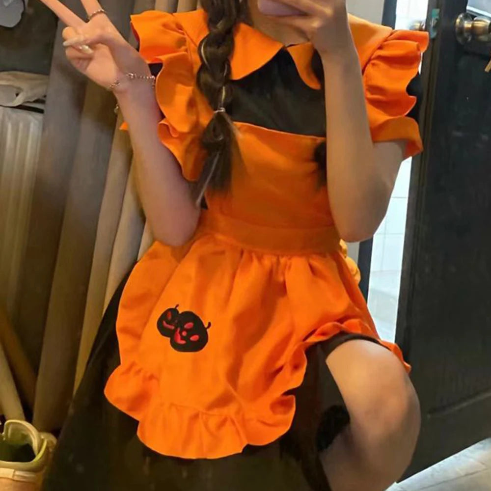 Halloween costume  cosplay  restaurant  anime costume embroidery pumpkin maid  vestido birthday dress for women
