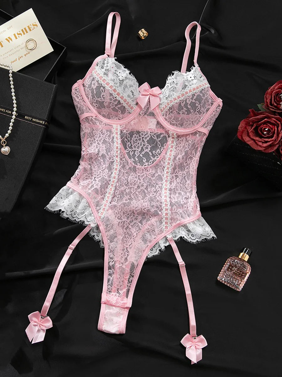 Sexy Crotchless Lingerie Women Hollow Sexiest Bodysuit Erotic Costumes Baby Doll Dress Elastic Porn Underwear Open Crotch Outfit