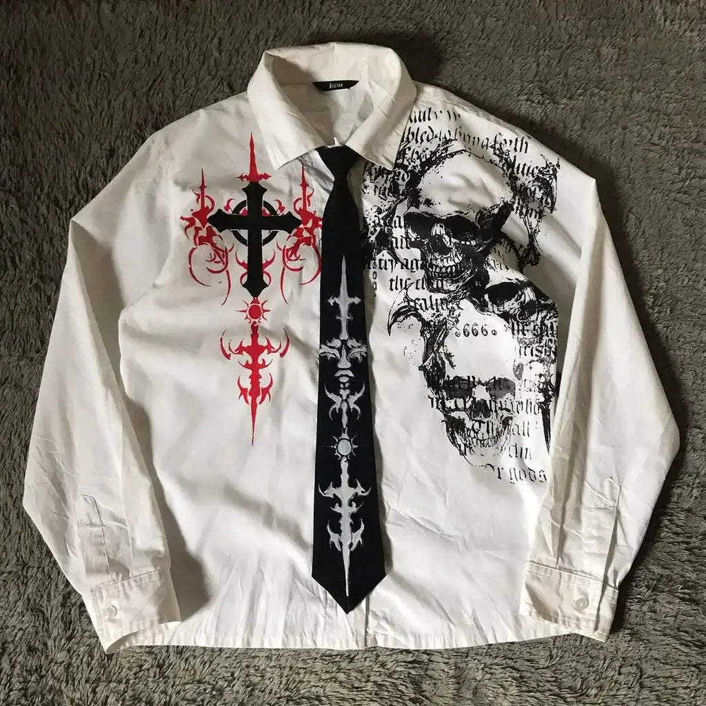 Y2K New Skull Holy Writ Letter Printed White Shirt Street Retro Harajuku Long Sleeves Men Hip Hop Gothic Fashion Trend Loose Top