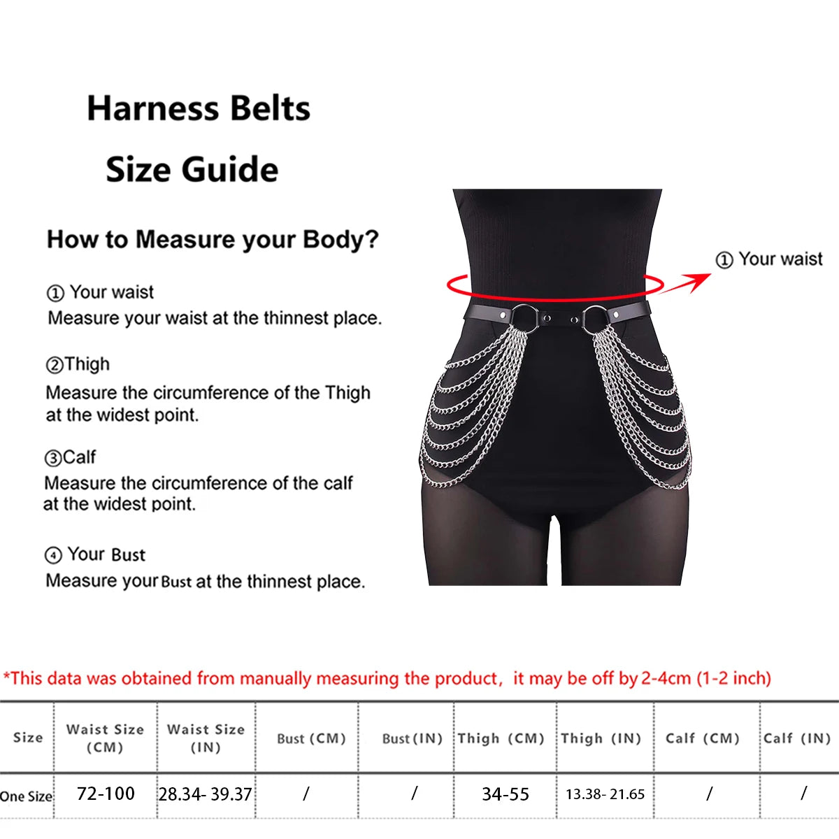 Women Punk Gothic PU Leather Waist‑Thigh Harness Garter Belt, Adjustable Chain Decor Accessory for Rave Festival Halloween Outfi