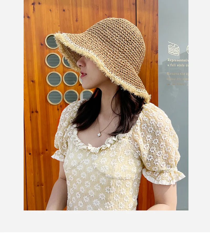 Summer Woven Straw Hat Ladies Beach Hat Sun Hat Wide Brim Soft Simple Fisherman Hat Panama Straw Dome Woven Bucket Hat