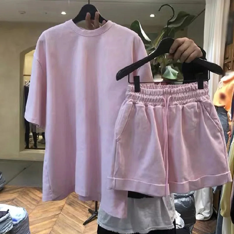 Two Piece Shorts Set Women Short Sleeve Shirt Solid Loose Casual Drawstring Pants Suits Pocket Round Neck Shirts Office Lady