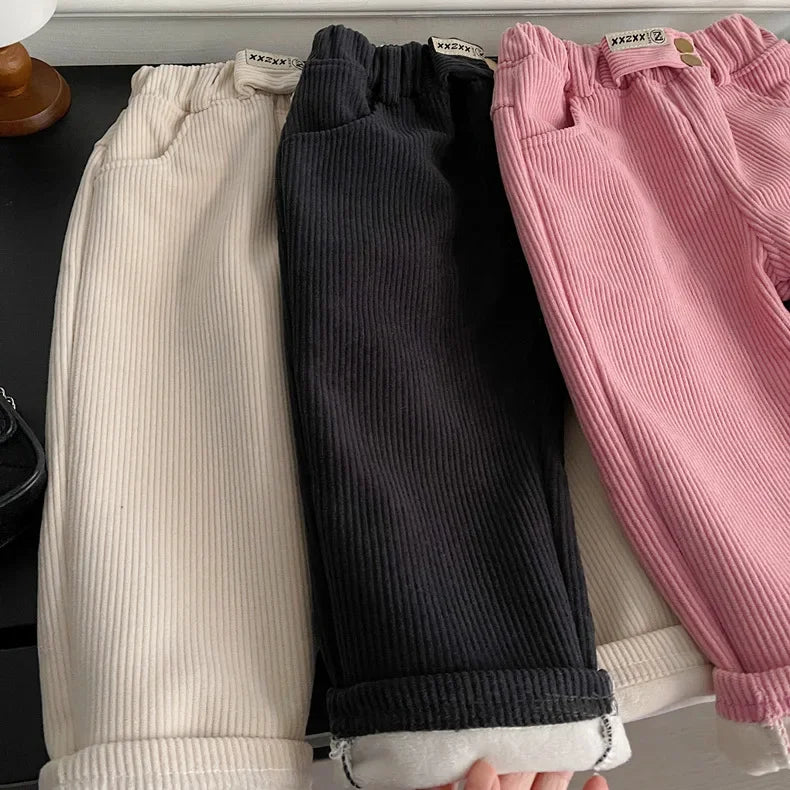 Kids Warm Pants Boy Girls Autumn Winter Corduroy Thick Outer Wear Sports Trousers 1-9Y Children Clothes Casual High Waist Pants