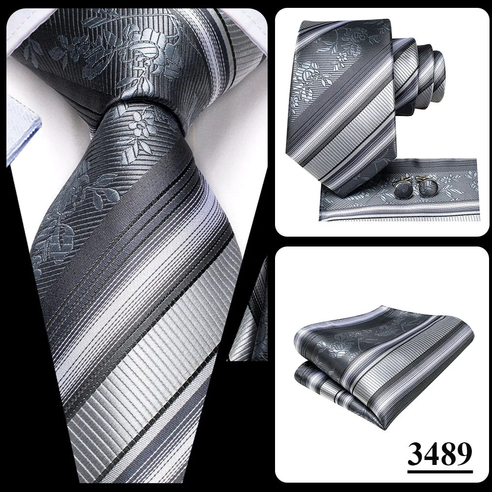 Hi-Tie White Grey Paisley 2026 New Mens Tie Hanky Cufflink Set Necktie For Men Wedding Party Business Men Tie Fashion Brand