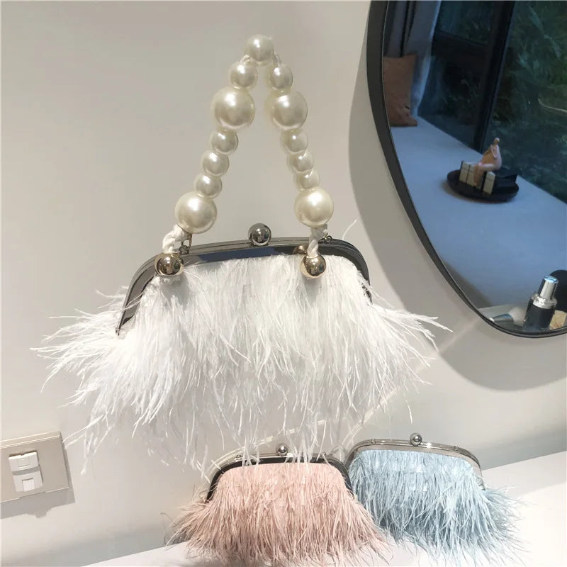 Luxury brand Handle Bag 2025 Fashion  Female Wallet Retro Lux Shoulder Bag New Temperament Feathers Pearl Chain Crossbody Clutch