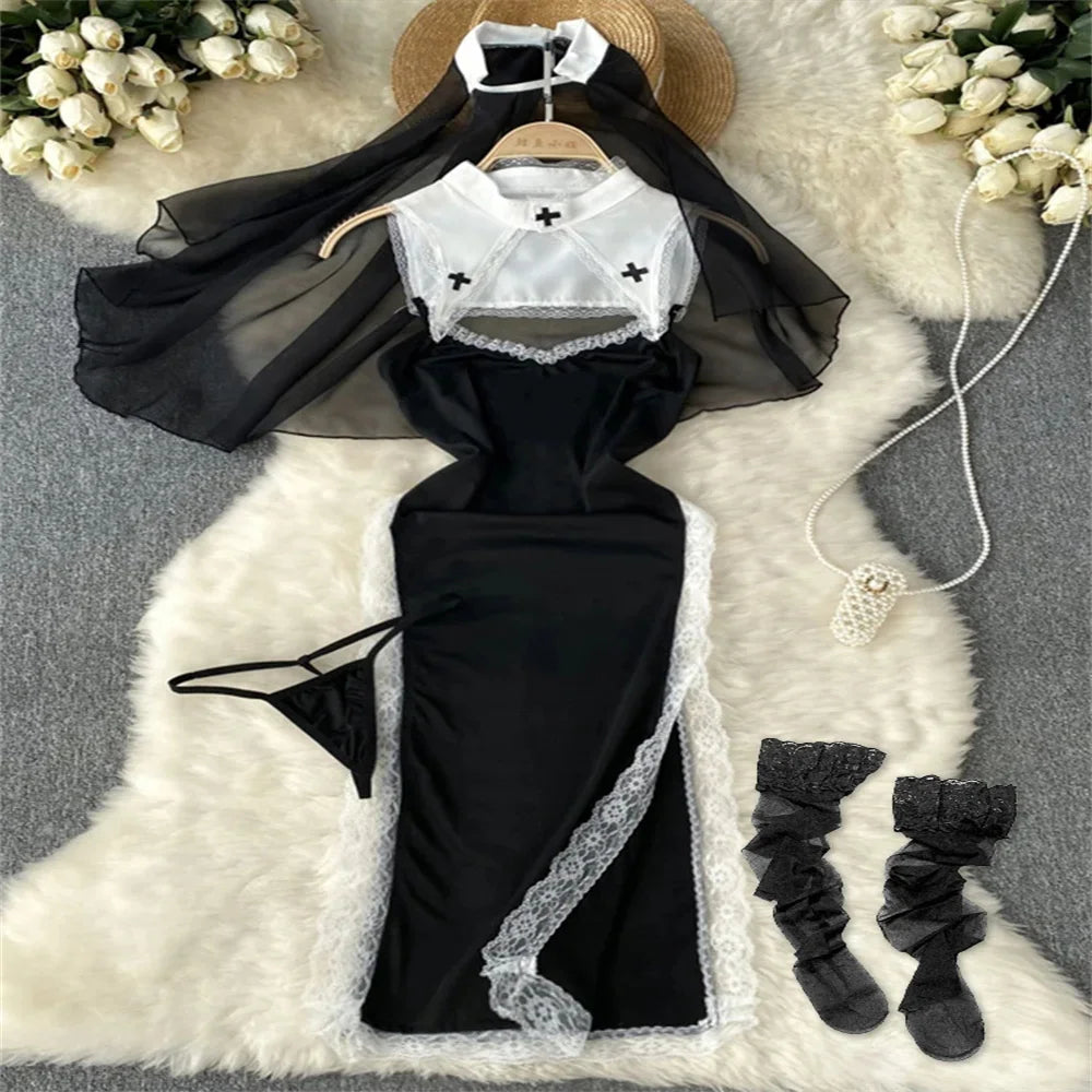 Sexy Cute Sweet Lace Backless Jumpsuit Women Slim Fit Bodysuit Girl Strap Bow knot Cosplay Hot Sweet Bow Ribbon Lingerie Dress