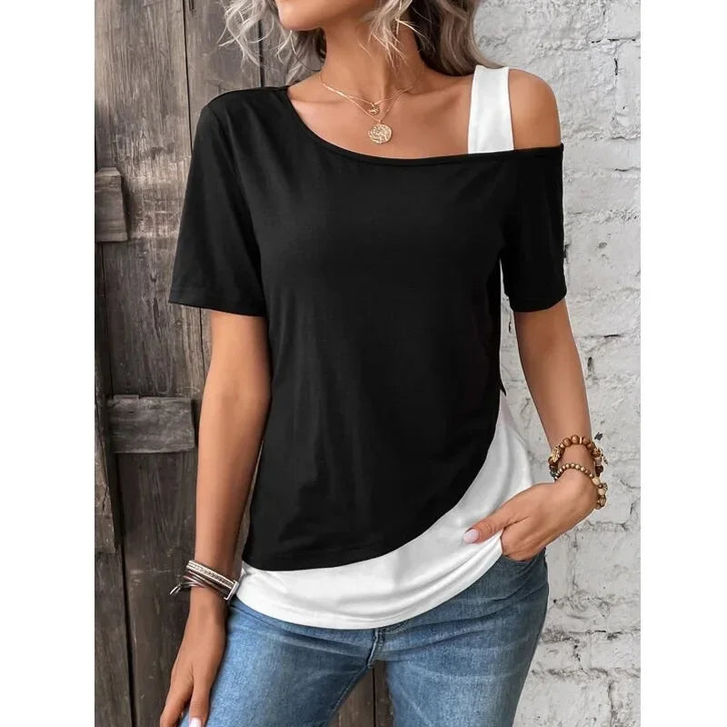 Casual Sommer-Top T-Shirt Damen Chic Color-Blocking Off-Shoulder T-Shirt Kurzarm und asymmetrische Tops