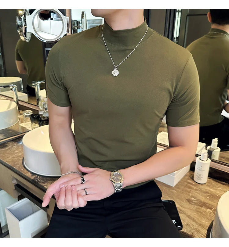 Spring Summer Men's Half High Neck Short Sleeve T-shirt Korean Slim Fit Solid Color Bottom Shirt Casual Cotton Elastic T-shirts