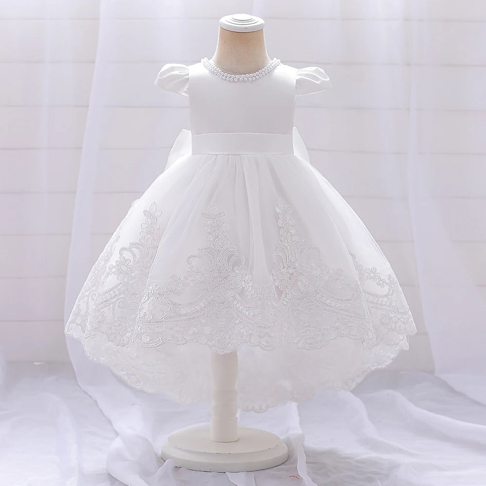 Toddler Bow Baby Dress For Girls Beading Tulle Princess 1st Birthday Embroidery Kids Party Dresses for Girl Pink Baptism Costume